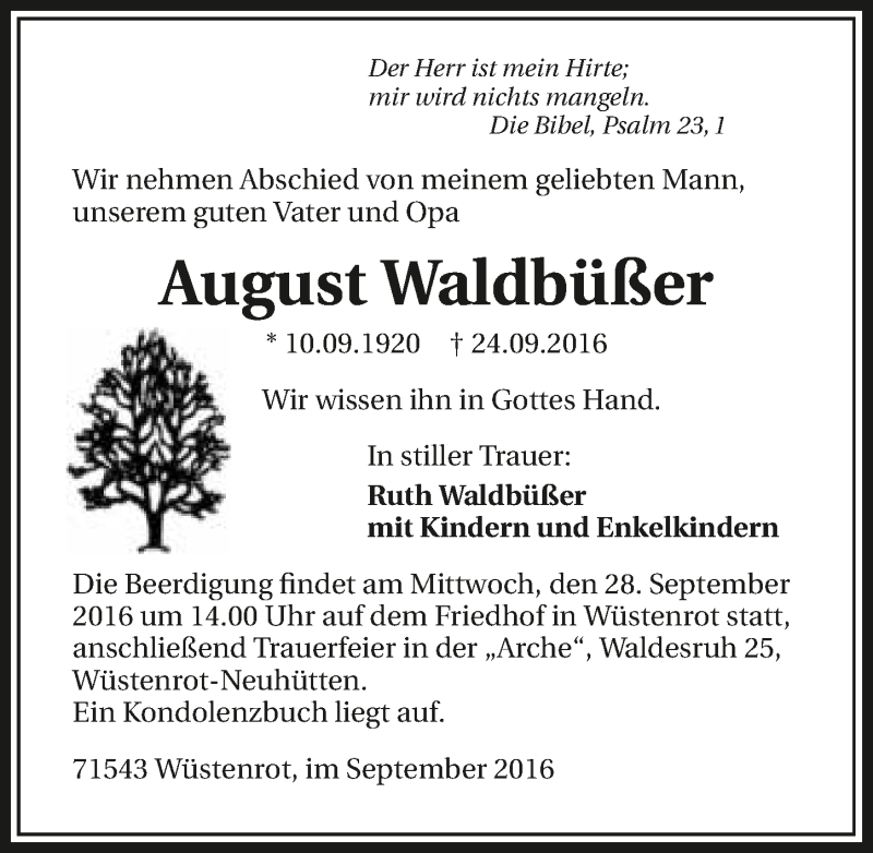  Traueranzeige für August Waldbüßer vom 26.09.2016 aus 