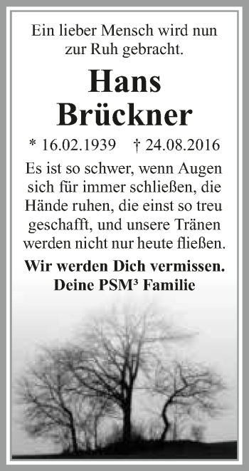 Traueranzeige von Hans Brückner 