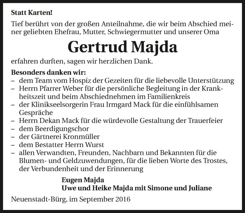  Traueranzeige für Gertrud Majda vom 21.09.2016 aus 