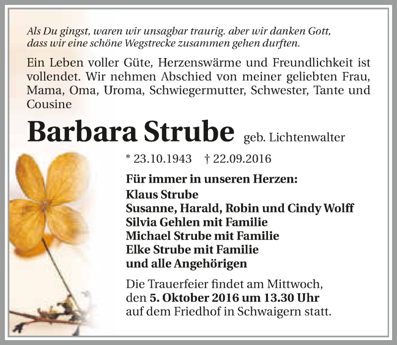  Traueranzeige für Barbara Strube vom 01.10.2016 aus 