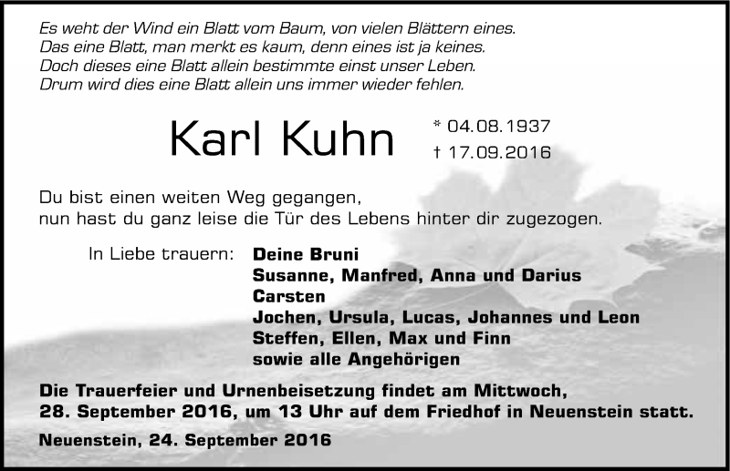  Traueranzeige für Karl Kuhn vom 24.09.2016 aus 