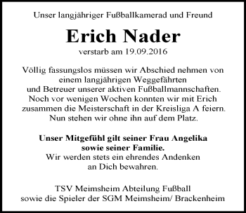 Traueranzeige von Erich Nader 