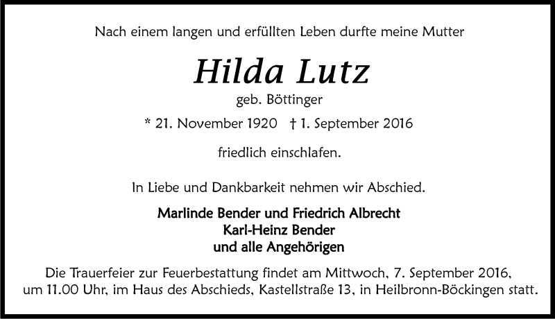  Traueranzeige für Hilda Lutz vom 05.09.2016 aus 