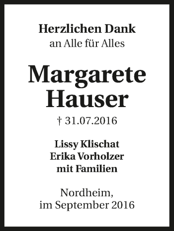 Traueranzeige von Margarete Hauser 