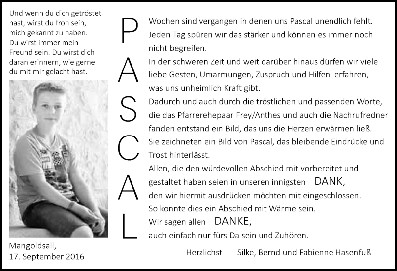  Traueranzeige für Pascal Hasenfuß vom 17.09.2016 aus 