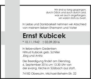 Traueranzeige von Ernst Kubicek 