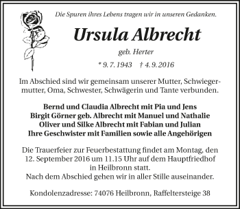 Traueranzeige von Ursula Albrecht 
