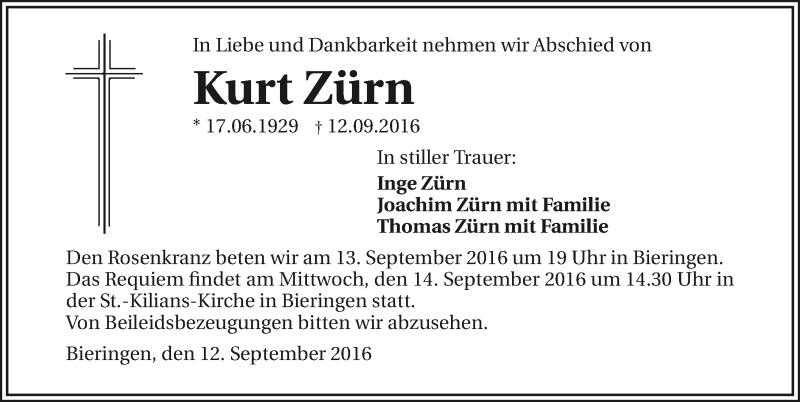  Traueranzeige für Kurt Zürn vom 13.09.2016 aus 