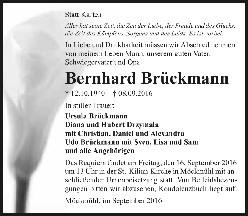  Traueranzeige für Bernhard Brückmann vom 10.09.2016 aus 
