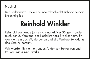Traueranzeige von Reinhold Winkler 