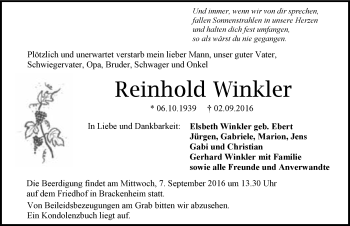 Traueranzeige von Reinhold Winkler 