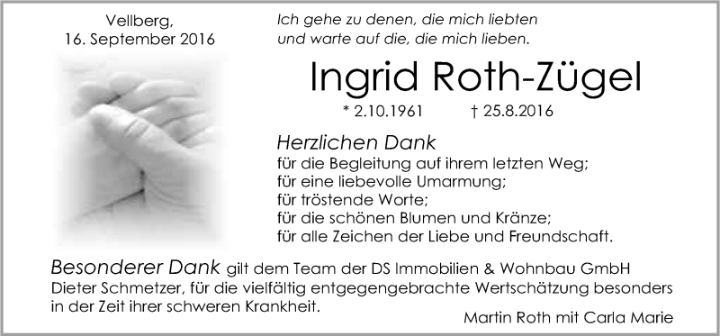  Traueranzeige für Ingrid Roth-Zügel vom 16.09.2016 aus 