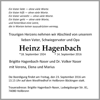 Traueranzeige von Heinz Hagenbach 