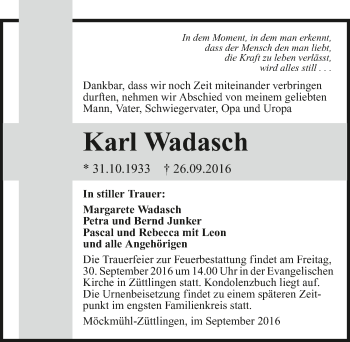 Traueranzeige von Karl Wadasch 