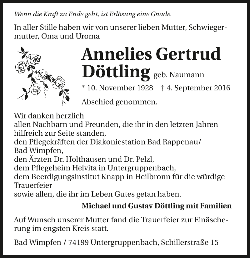  Traueranzeige für Annelies Gertrud Döttling vom 14.09.2016 aus 
