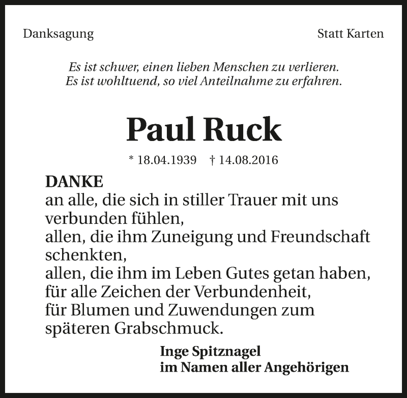  Traueranzeige für Paul Ruck vom 17.09.2016 aus 