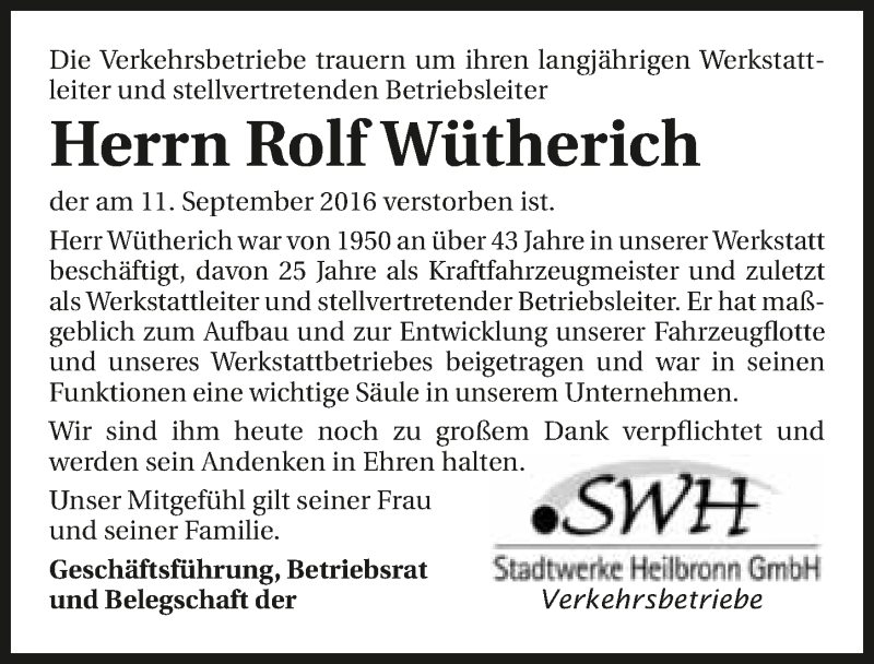  Traueranzeige für Rolf Wütherich vom 24.09.2016 aus 