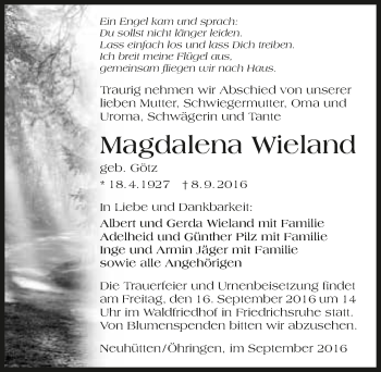 Traueranzeige von Magdalena Wieland 