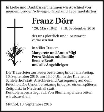 Traueranzeige von Franz Dörr 