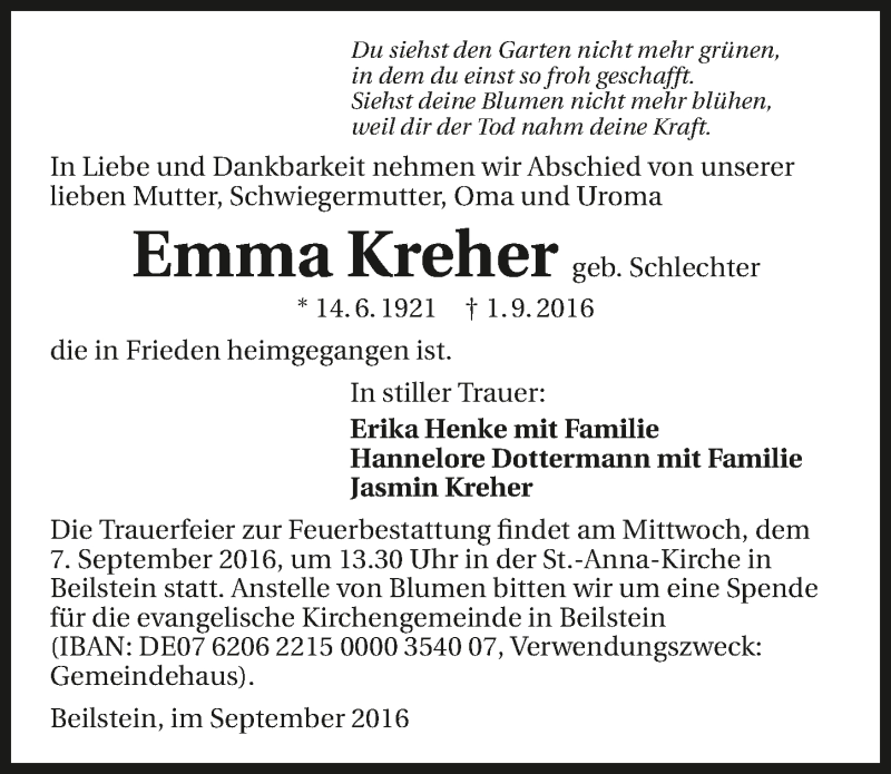  Traueranzeige für Emma Kreher vom 03.09.2016 aus 