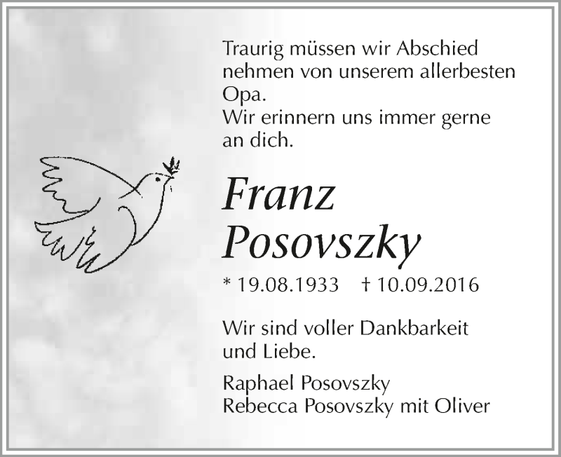  Traueranzeige für Franz Posovszky vom 13.09.2016 aus 