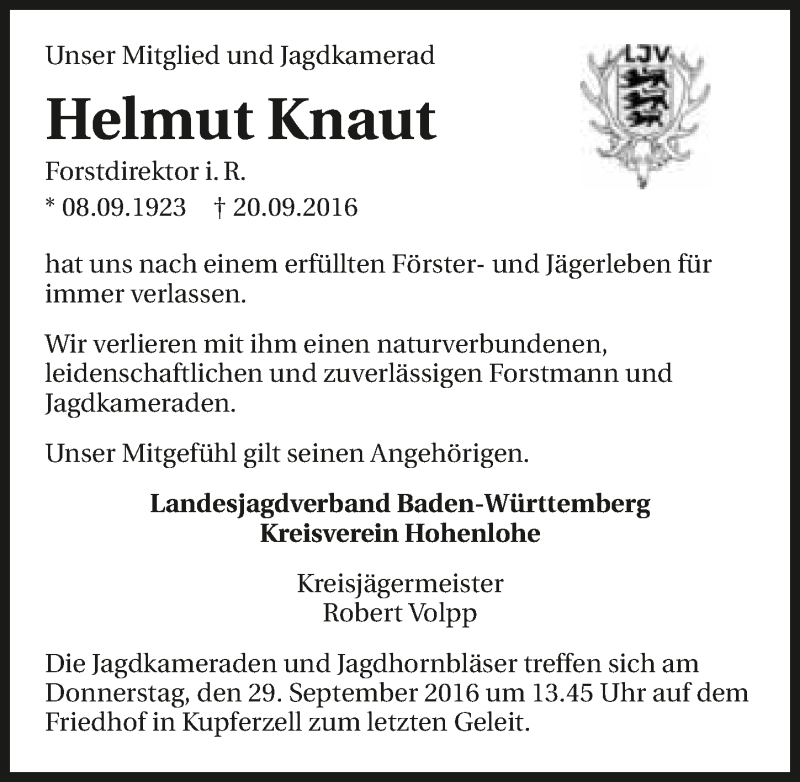  Traueranzeige für Helmut Knaut vom 27.09.2016 aus 