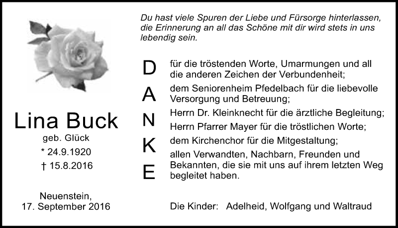  Traueranzeige für Lina Buck vom 17.09.2016 aus 