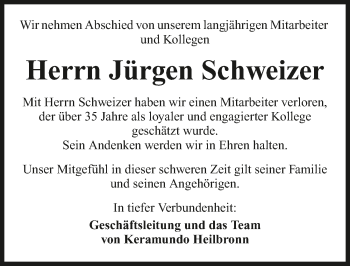 Traueranzeige von Jürgen Schweizer 