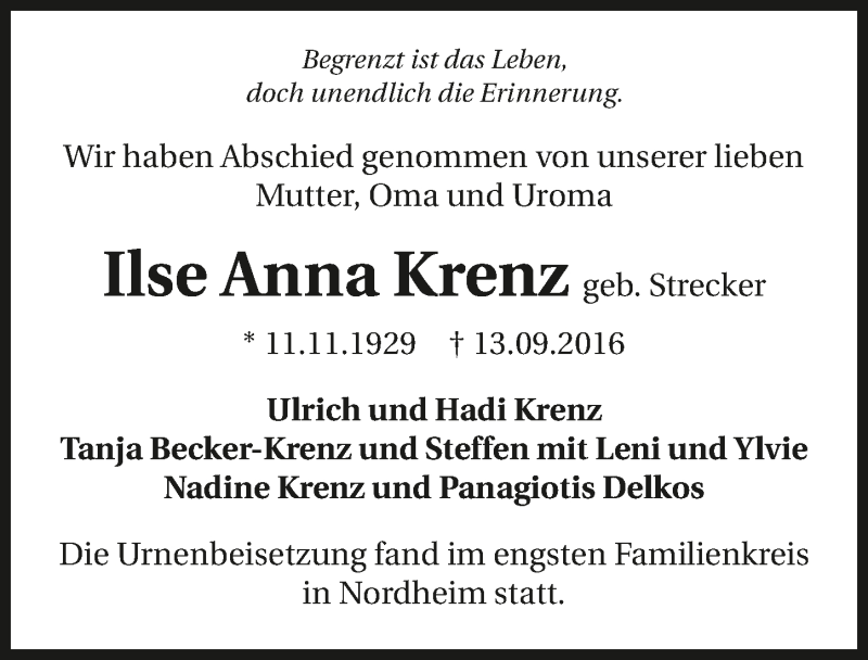  Traueranzeige für Ilse Anna Krenz vom 24.09.2016 aus 