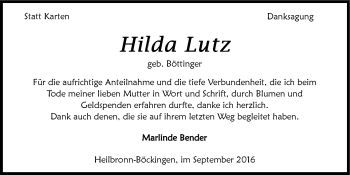 Traueranzeige von Hilda Lutz 