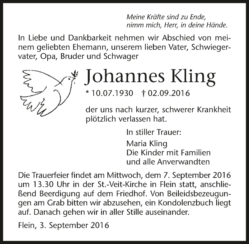  Traueranzeige für Johannes Kling vom 06.09.2016 aus 