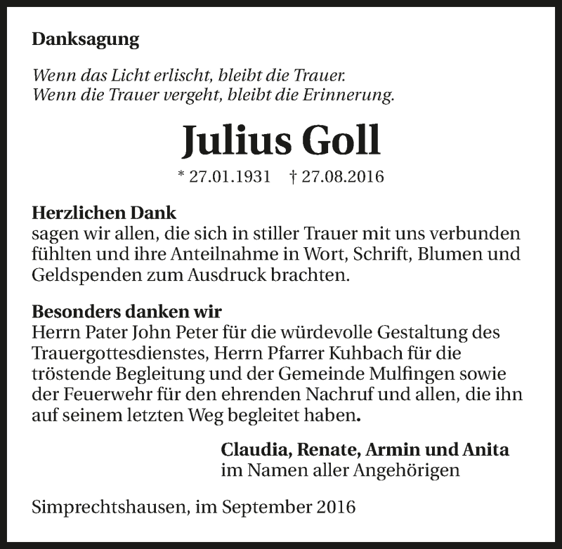  Traueranzeige für Julius Goll vom 30.09.2016 aus 