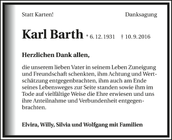 Traueranzeige von Karl Barth 