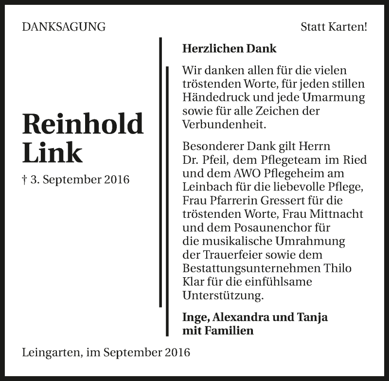  Traueranzeige für Reinhold Link vom 24.09.2016 aus 