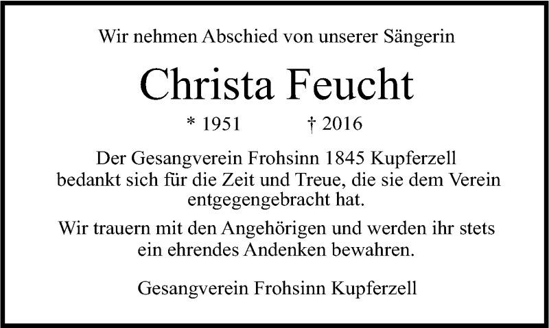  Traueranzeige für Christa Feucht vom 29.09.2016 aus 
