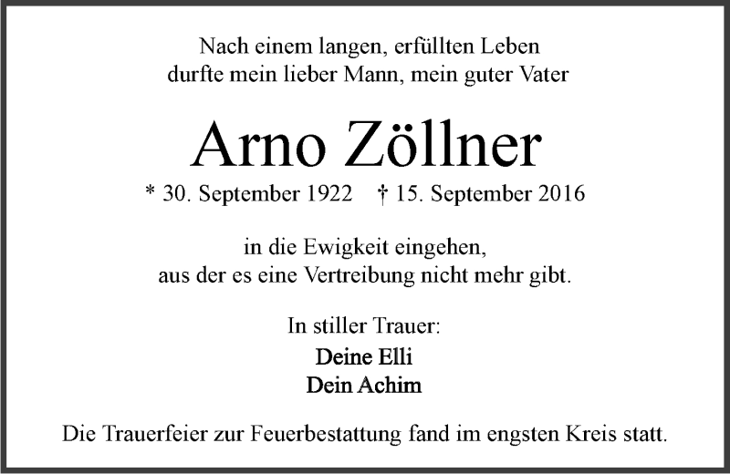  Traueranzeige für Arno Zöllner vom 21.09.2016 aus 