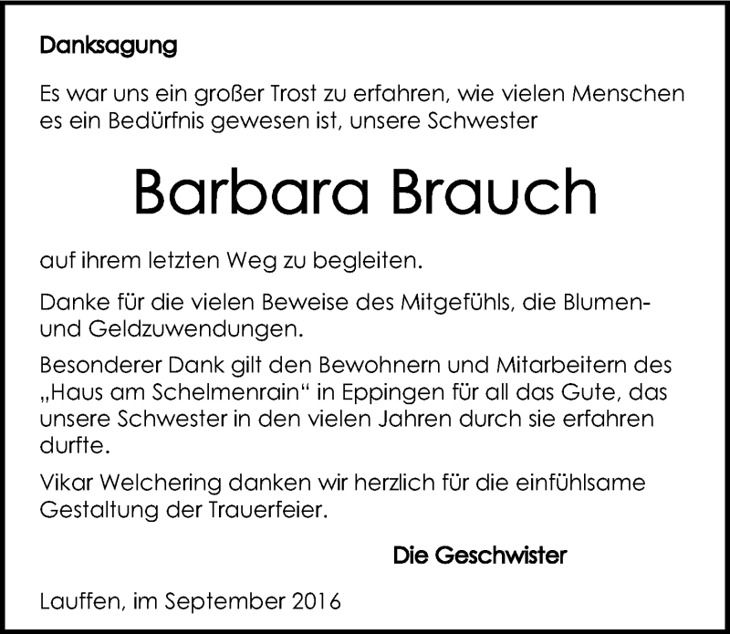  Traueranzeige für Barbara Brauch vom 03.09.2016 aus 