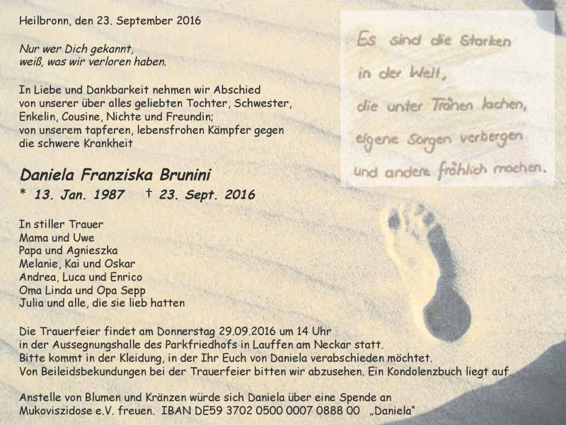  Traueranzeige für Daniela Brunini vom 27.09.2016 aus 