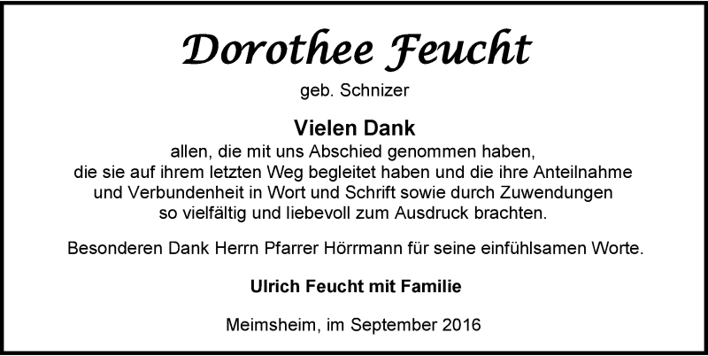  Traueranzeige für Dorothee Feucht vom 12.09.2016 aus 