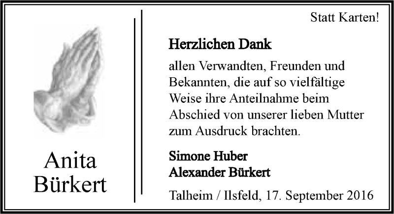  Traueranzeige für Anita Bürkert vom 19.09.2016 aus 