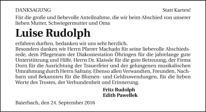  Traueranzeige für Luise Rudolph vom 24.09.2016 aus 