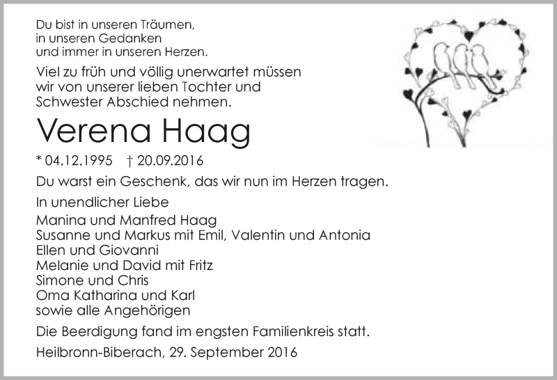  Traueranzeige für Verena Haag vom 29.09.2016 aus 