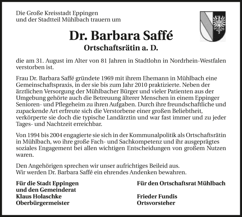 Traueranzeige für Barbara Saffé vom 03.09.2016 aus 