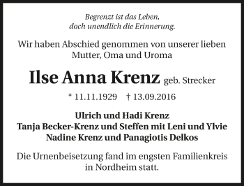 Traueranzeige von Ilse Anna Krenz 