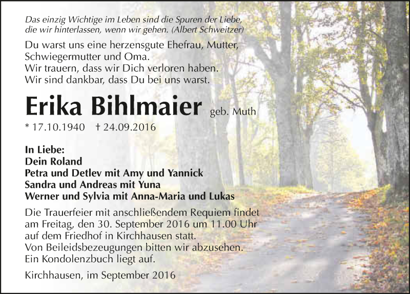  Traueranzeige für Erika Bihlmaier vom 27.09.2016 aus 