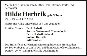 Traueranzeige von Hilde Herbrik 