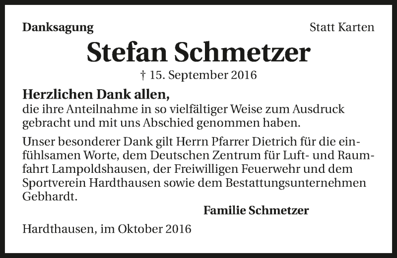  Traueranzeige für Stefan Schmetzer vom 01.10.2016 aus 