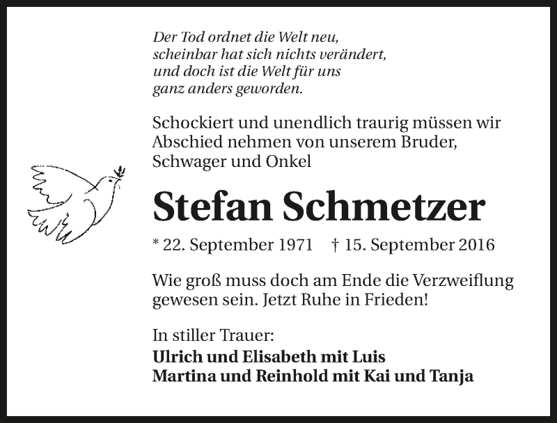  Traueranzeige für Stefan Schmetzer vom 21.09.2016 aus 