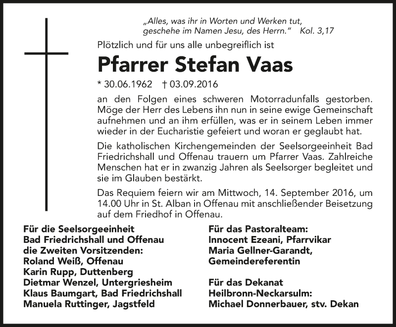  Traueranzeige für Stefan Vaas vom 10.09.2016 aus 