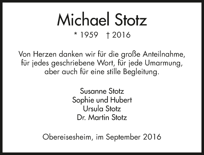  Traueranzeige für Michael Stotz vom 09.09.2016 aus 